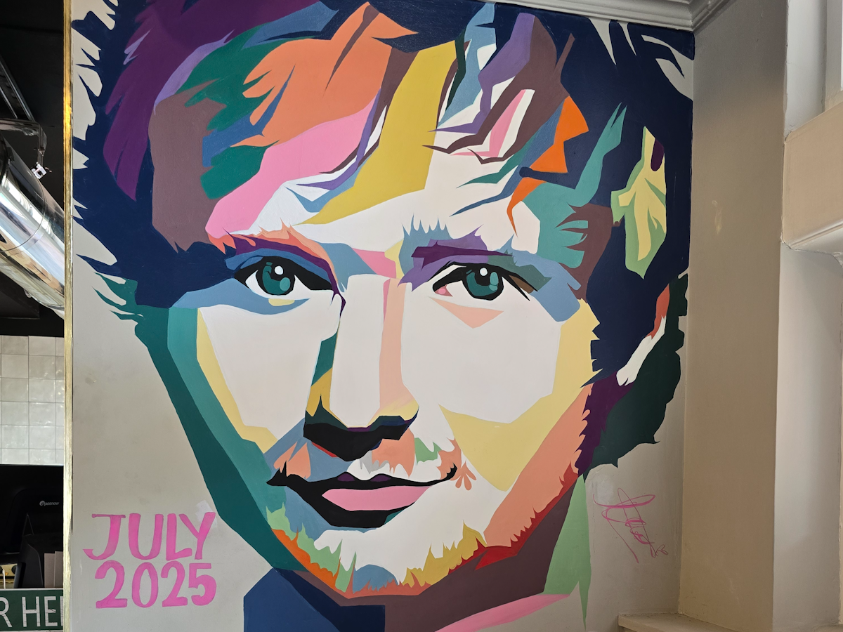 Ed Sheeran mural at Tower Street Food Hall by Ipswich artist Narin Naseri